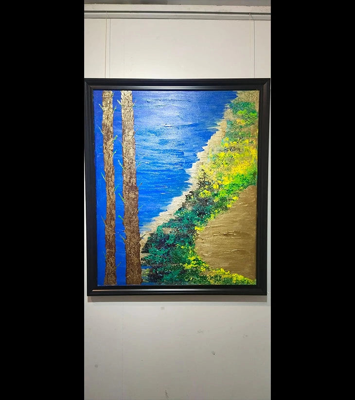 Golden Riverside Escape – Hand-painted Acrylic Canvas Art by Samhita Bhowmik | Nature-Inspired Landscape - Retail Maharaj