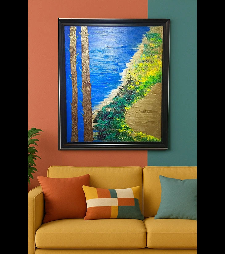 Golden Riverside Escape – Hand-painted Acrylic Canvas Art by Samhita Bhowmik | Nature-Inspired Landscape - Retail Maharaj