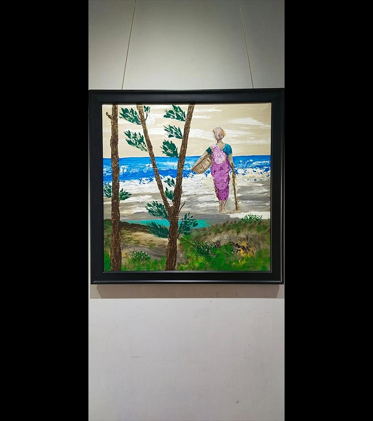 Seaside Farming – Hand-painted Acrylic Canvas Art by Samhita Bhowmik | Rural Coastal Landscape - Retail Maharaj