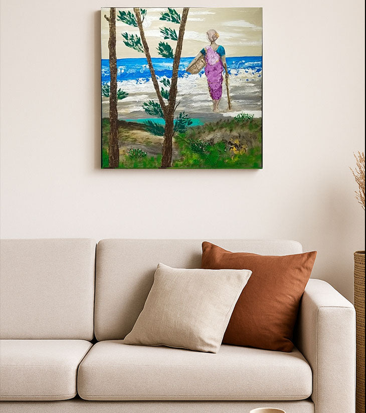 Seaside Farming – Hand-painted Acrylic Canvas Art by Samhita Bhowmik | Rural Coastal Landscape - Retail Maharaj