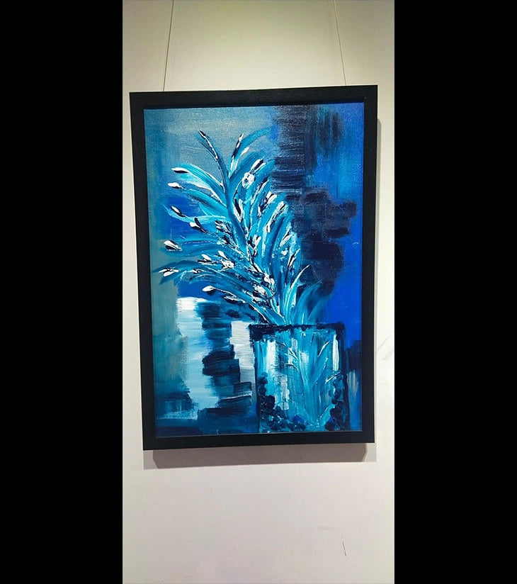 Divine Blue – Vibrant Still Life by Samhita Bhowmik | Bold Yellow & Lavender Floral Bouquet in Cobalt Vase - Retail Maharaj