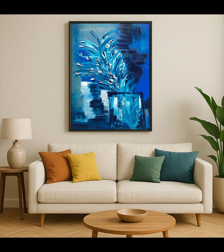 Divine Blue – Vibrant Still Life by Samhita Bhowmik | Bold Yellow & Lavender Floral Bouquet in Cobalt Vase - Retail Maharaj