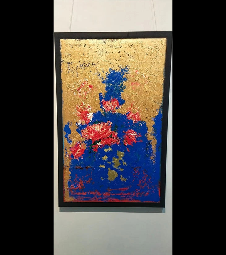 Abstract Flower – Acrylic Canvas Painting by Samhita Bhowmik | Bold Red Blooms on Cobalt Base with Gold Accents - Retail Maharaj