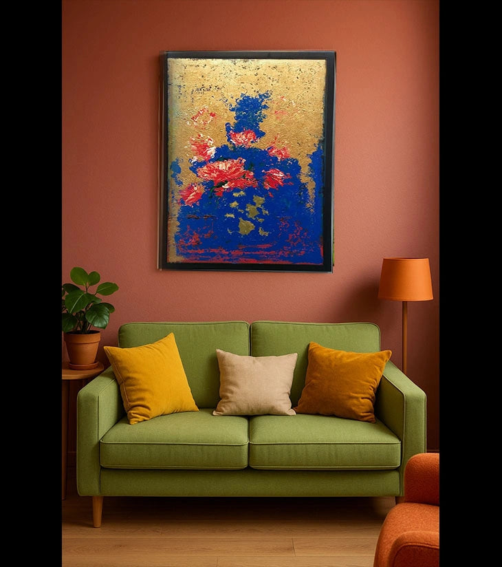Abstract Flower – Acrylic Canvas Painting by Samhita Bhowmik | Bold Red Blooms on Cobalt Base with Gold Accents - Retail Maharaj