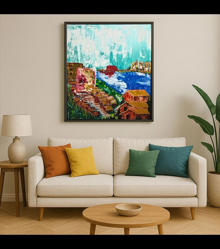 Rustic Riverside – Landscape Acrylic Painting by Samhita Bhowmik | Serene Village Scene with Textured Acrylics - Retail Maharaj