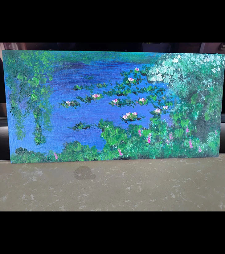 Lilies on Water – Hand-painted Acrylic Painting by Samhita Bhowmik | Tranquil Water Lilies on Pond on Board Canvas - Retail Maharaj
