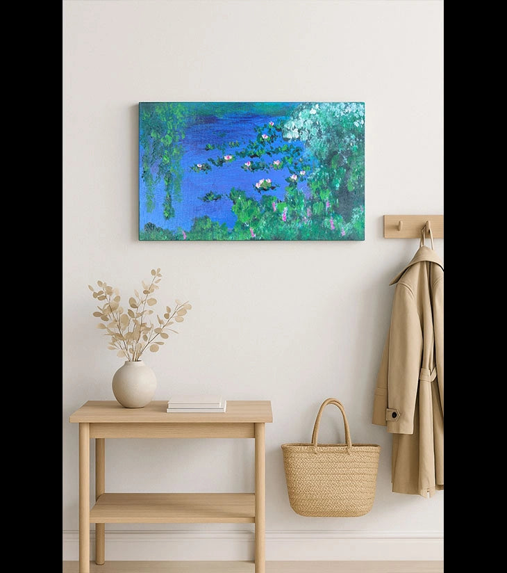 Lilies on Water – Hand-painted Acrylic Painting by Samhita Bhowmik | Tranquil Water Lilies on Pond on Board Canvas - Retail Maharaj
