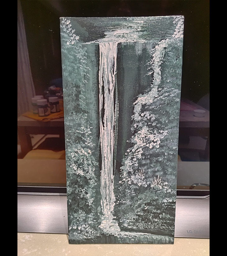 Silent Cascade – Hand-painted Acrylic on Board Canvas | Waterfall Landscape - Retail Maharaj