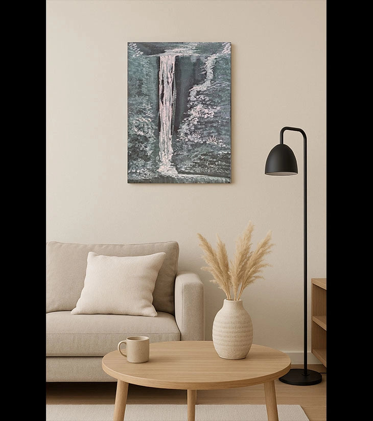 Silent Cascade – Hand-painted Acrylic on Board Canvas | Waterfall Landscape - Retail Maharaj