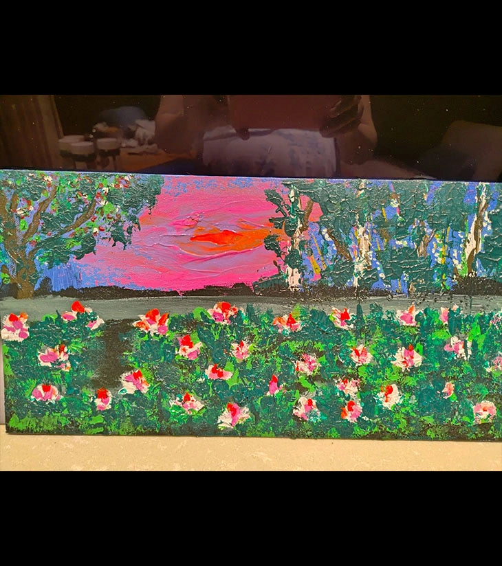 Blush of Dusk – Hand-painted Acrylic Painting by Samhita Bhowmik | Sunset Over Blooming Flowers on Board Canvas - Retail Maharaj