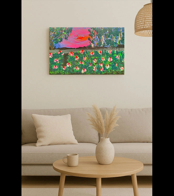 Blush of Dusk – Hand-painted Acrylic Painting by Samhita Bhowmik | Sunset Over Blooming Flowers on Board Canvas - Retail Maharaj