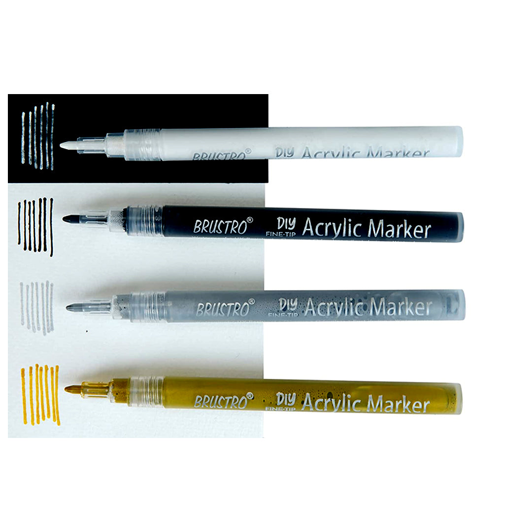 Brustro Acrylic DIY Fine Tip Marker Set of 4 0.8mm Waterproof UV Resistant Acrylic Paint Markers for Art Craft Multi Surface Use