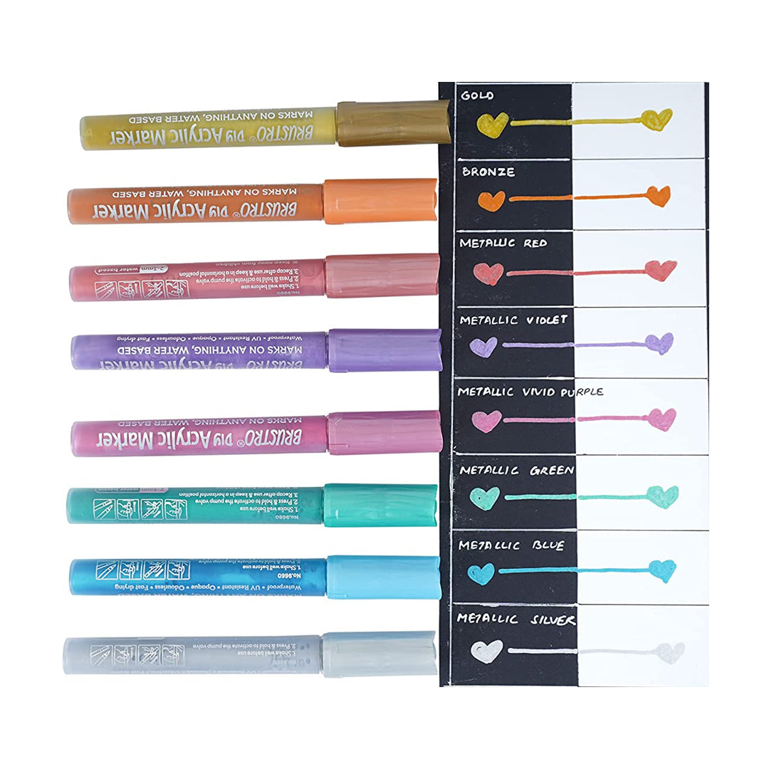 Brustro Acrylic DIY Marker Set of 8 Metallic Shades with 2mm Bullet Tip for Art Craft and Multi Surface Use