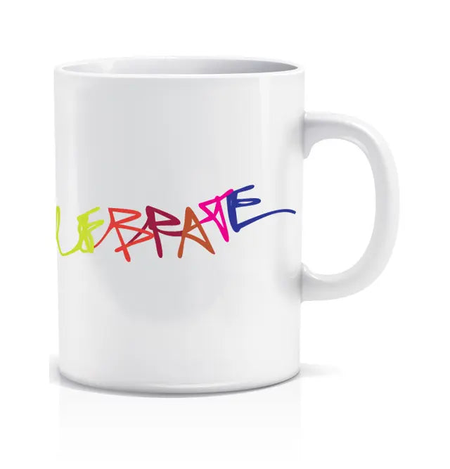 Ceramic Printed Coffee Mug Meditatecelebrate (White Backround Multi-colour words) - Retail Maharaj