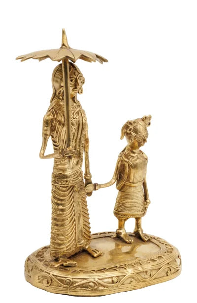 Dokra Table Top Mother and Child with Umbrella - Retail Maharaj