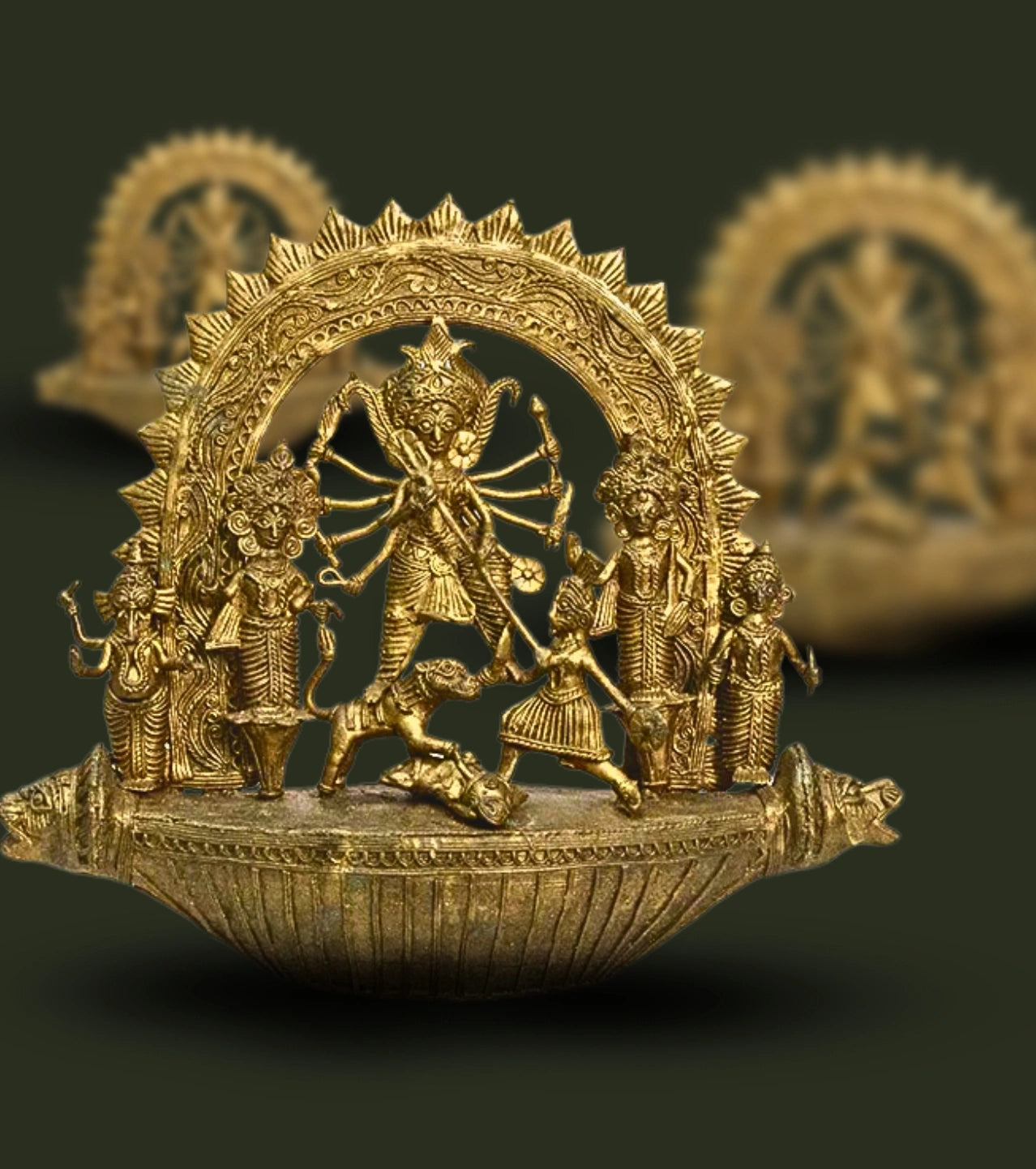 Dokra Durga Family | Handcrafted Brass Figurine – Ek-Chala Durga on Boat - Retail Maharaj