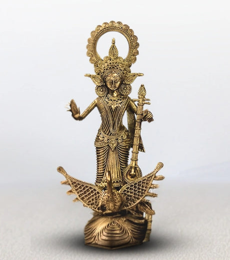Dokra Goddess Saraswati | Handcrafted Brass Figurine – Traditional Dhokra Art - Retail Maharaj