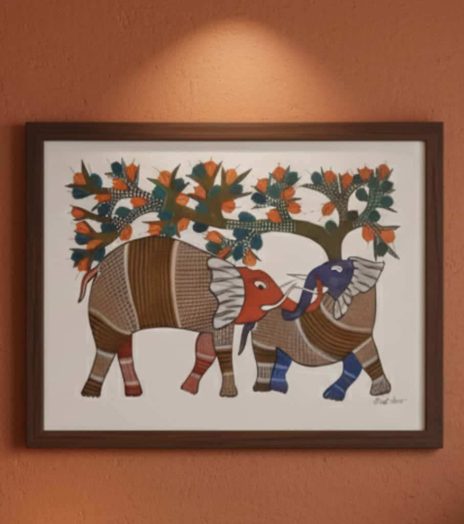 Authentic Gond Painting – Elephants Under a Tree Tribal Art (11 × 15 Inch)
