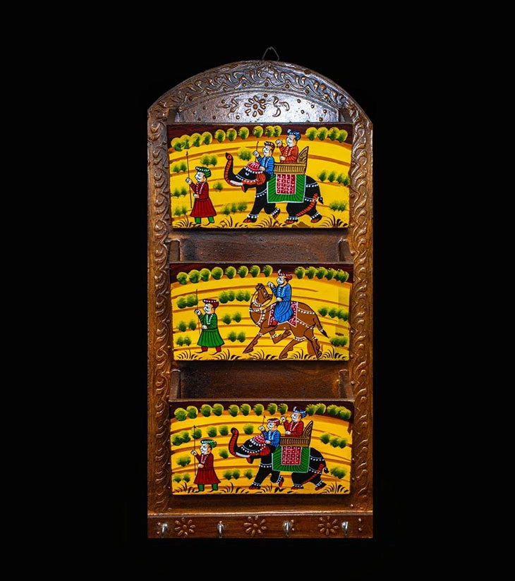 Hand-Painted Wooden Magazine Holder with 3 Pockets – Rajasthani Folk Art, Wall-Mounted Organizer - Retail Maharaj