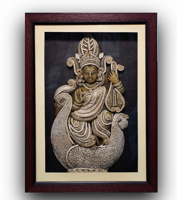 Divine Saraswati Wall Frame – Eco Art in Jute-Wood pāṭa-kāhihi, Handcrafted Goddess Sculpture - Retail Maharaj