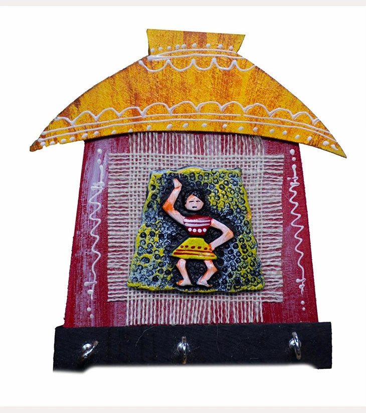 Handcrafted Bengal Hut Wall Hanging with Tribal Lady – Jute Art, Eco-Friendly 3-Hook Key Holder - Retail Maharaj