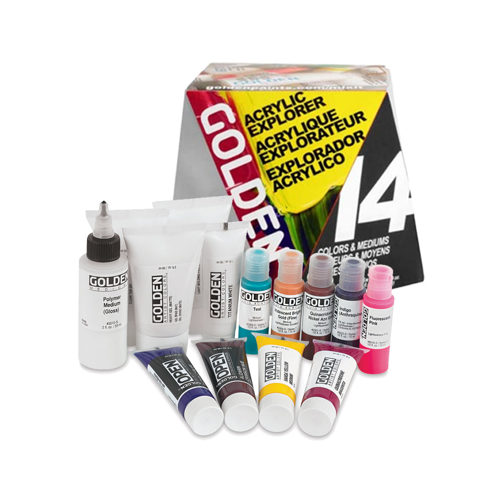 Golden Acrylic Explorer 14 Set with Heavy Body Fluid OPEN and High Flow Colors