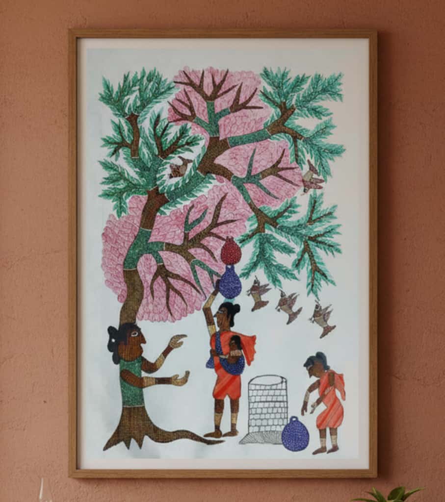 Authentic Gond Painting – Water Carriers & Tree of Life Handmade Tribal Folk Art (11 × 15 Inch)