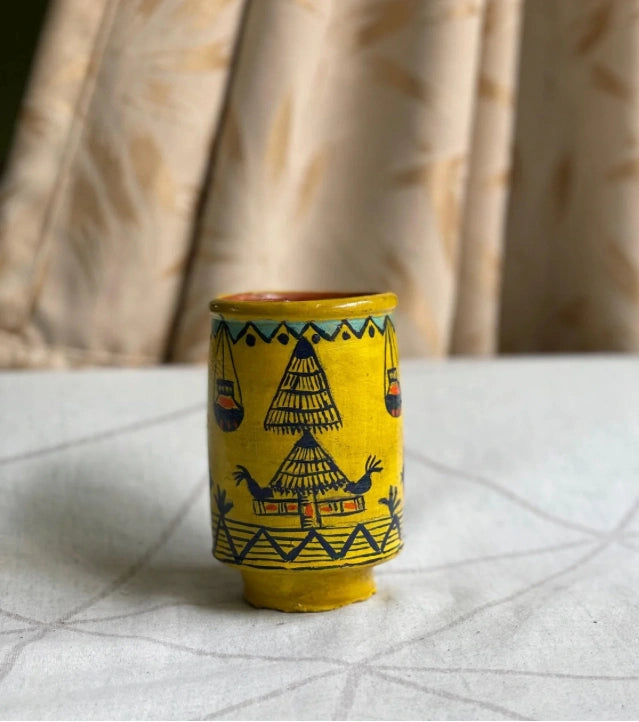 Gulmor Groove – Hand-Painted Clay Glass with Floral Folk Art | Eco-Friendly Terracotta Tumbler by Rural Women Artists - Retail Maharaj