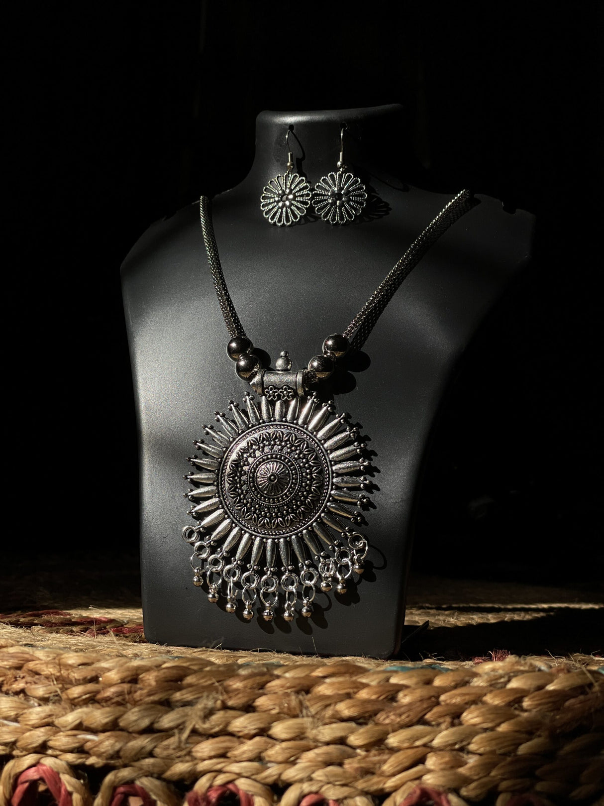 Tribal Sunburst Pendant Set – Oxidized German Silver Necklace & Earrings - Retail Maharaj