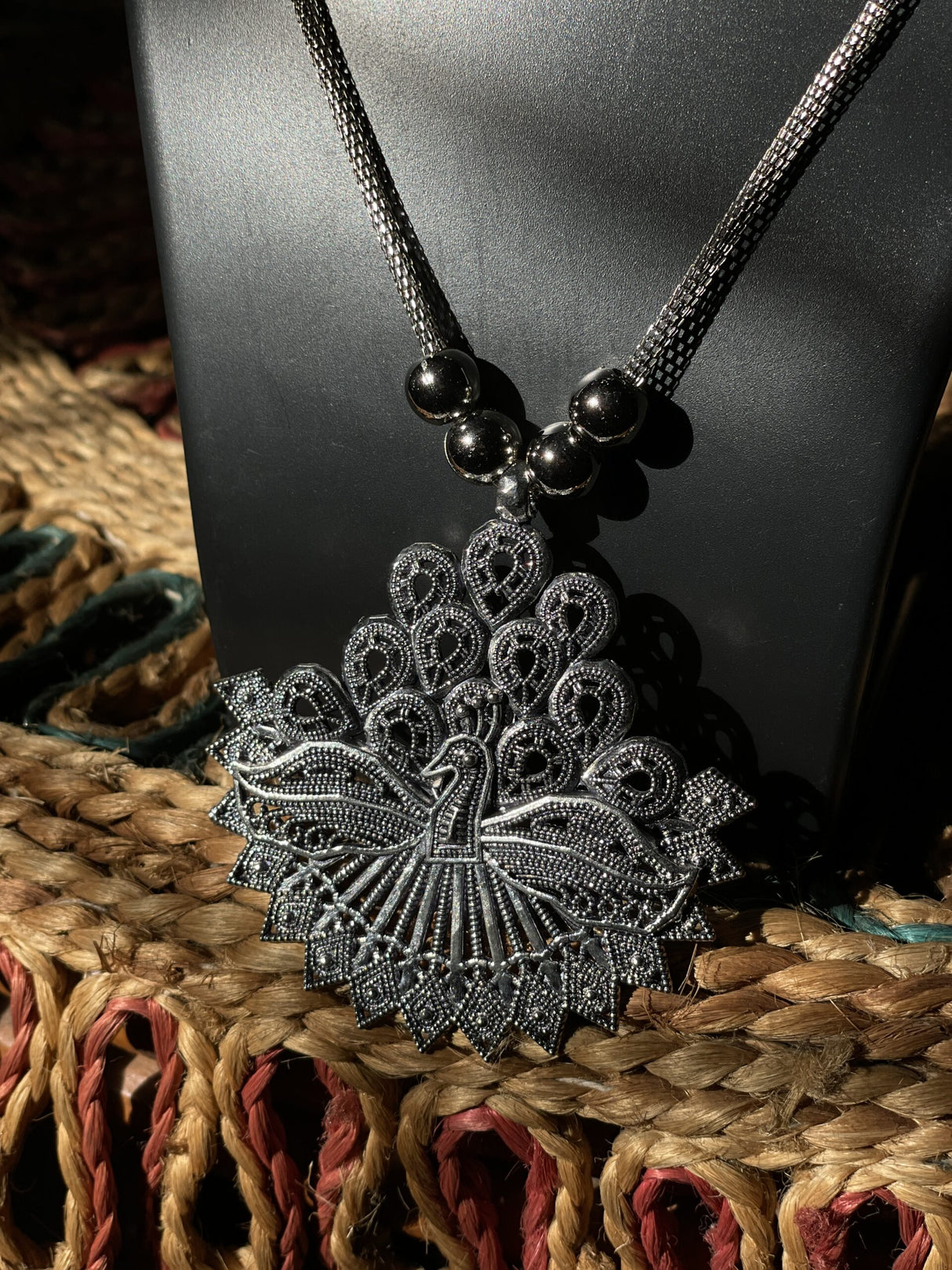 Regal Peacock Silver Set - Oxidized German Silver Pendant & Earrings Set with Detailed Peacock Motif - Retail Maharaj