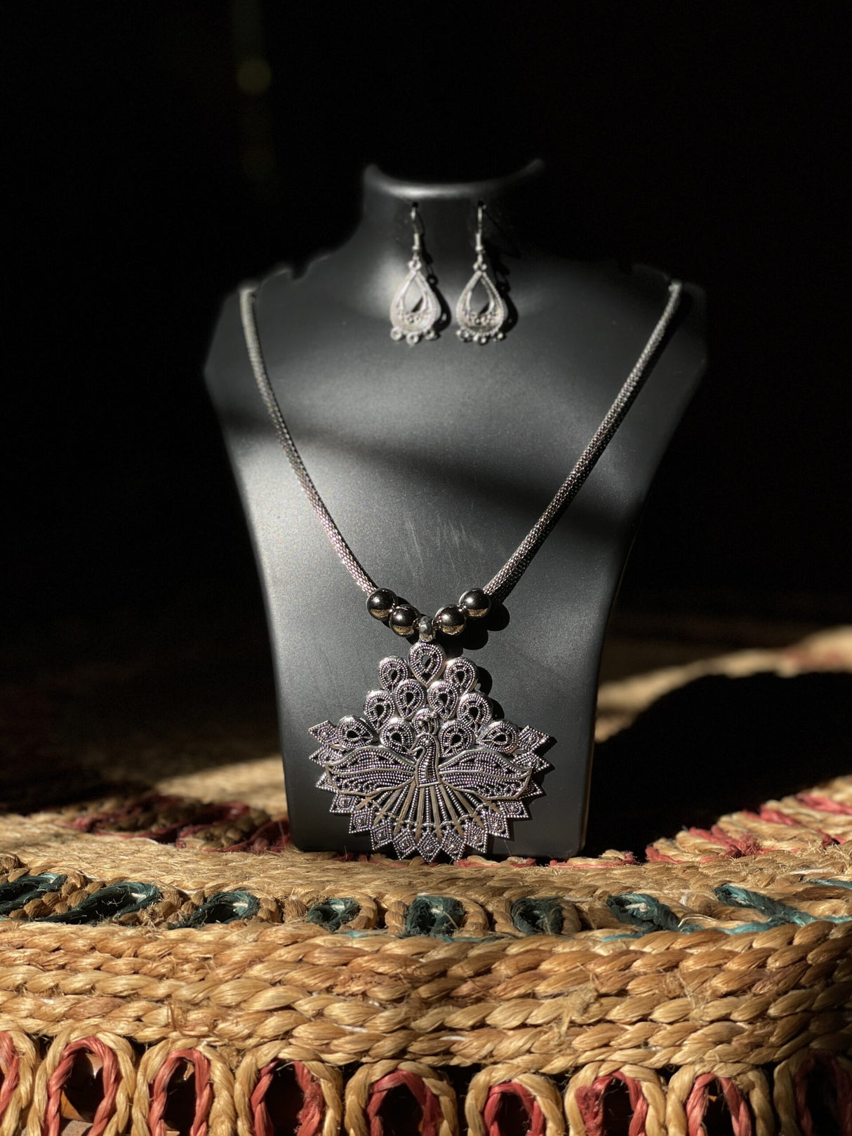 Regal Peacock Silver Set - Oxidized German Silver Pendant & Earrings Set with Detailed Peacock Motif - Retail Maharaj