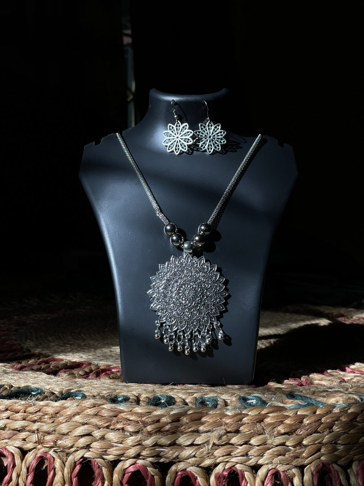 Floral Radiance Pendant Set – Oxidized German Silver Floral Motif Necklace & Earrings with Dangling Beads - Retail Maharaj