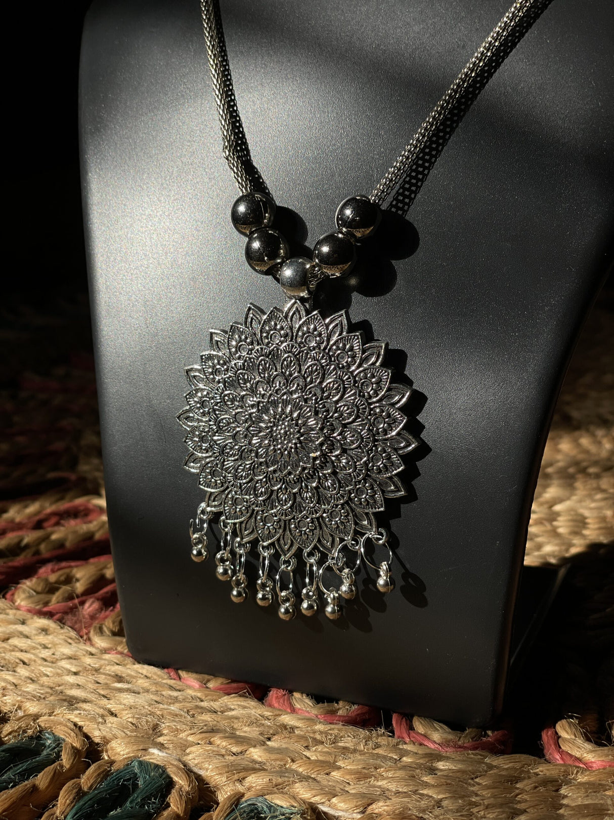 Floral Radiance Pendant Set – Oxidized German Silver Floral Motif Necklace & Earrings with Dangling Beads - Retail Maharaj