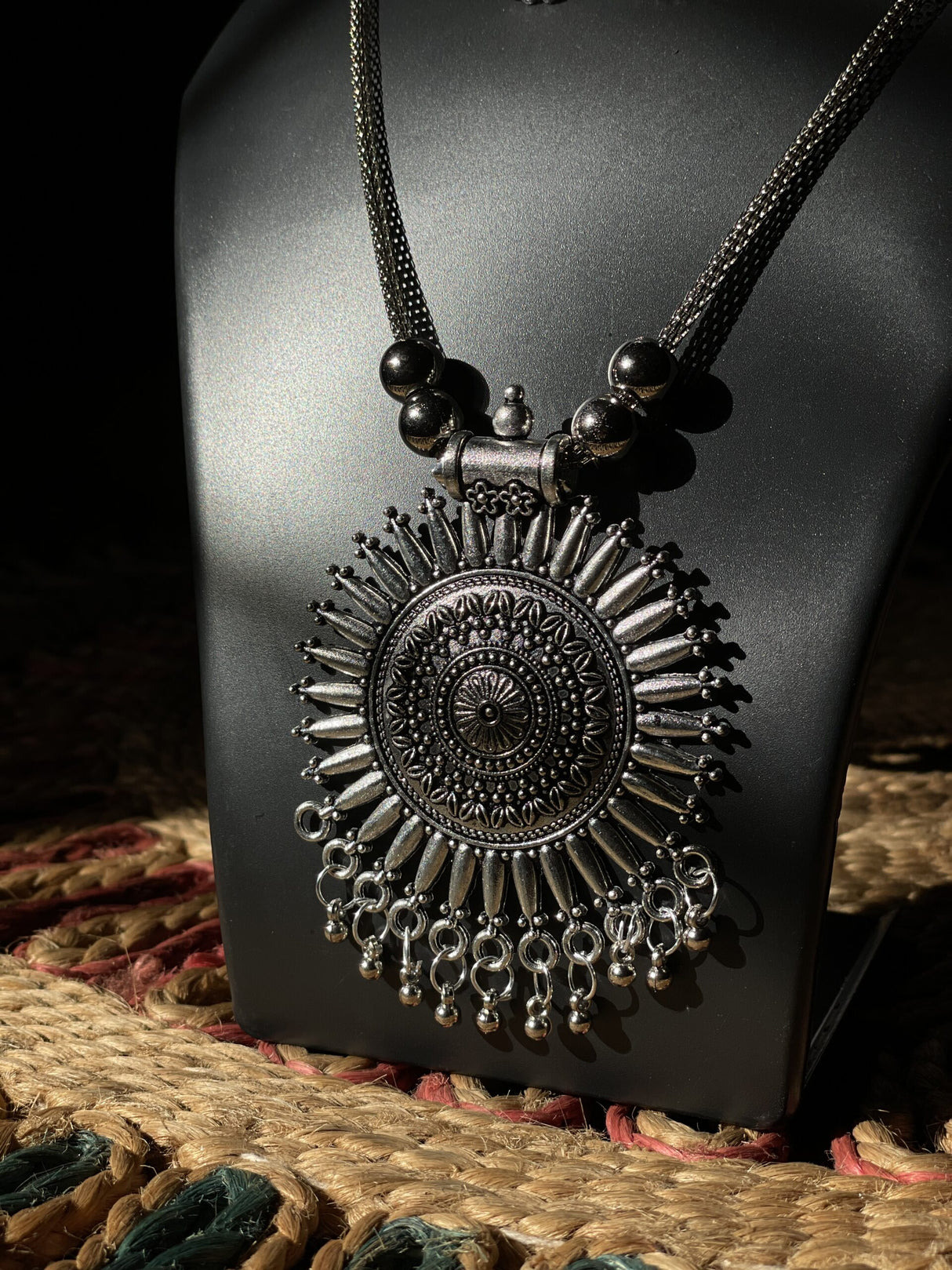 Tribal Sunburst Pendant Set – Oxidized German Silver Necklace & Earrings - Retail Maharaj