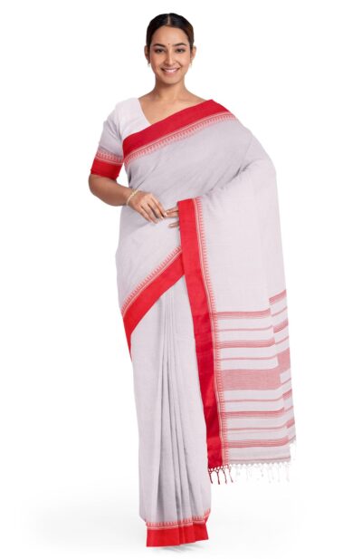 Handspun Saree in White with Red Border - Retail Maharaj