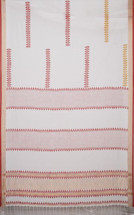 Hand Block Printed Cotton Saree – White and Red - Retail Maharaj