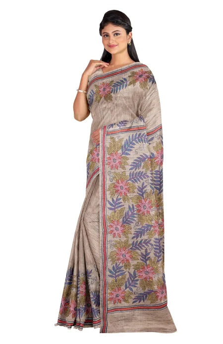 Handcrafted Kantha Tussar Silk Saree - Retail Maharaj