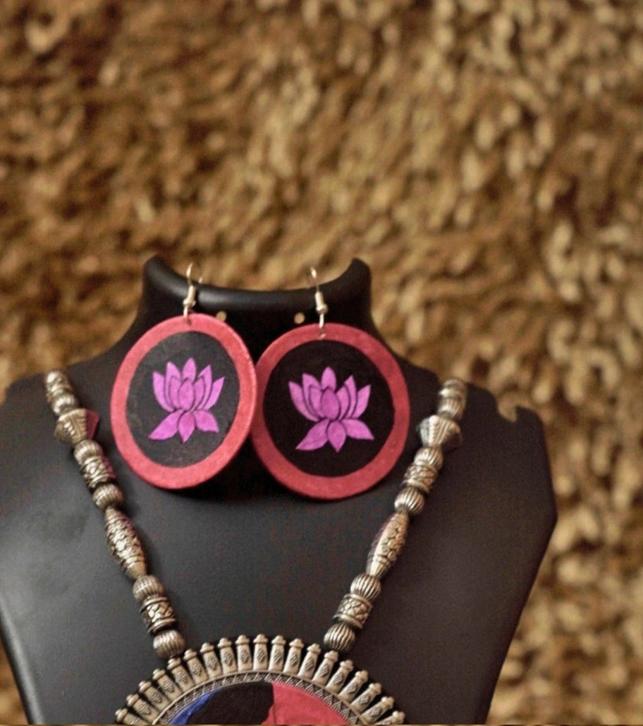 Shy Goddess Fusion Necklace – Hand-Painted Goddess Face with Lotus & Oxidized Silver Beads - Retail Maharaj