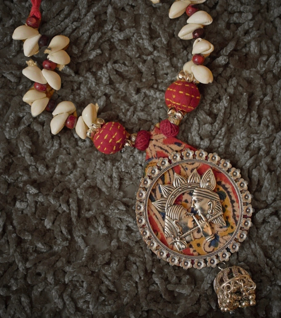 Radha-Krishna Cowrie Harmony Necklace Set - Oxidized Pendant with Fabric Beads, Cowrie Shells & Tribal Charms - Retail Maharaj