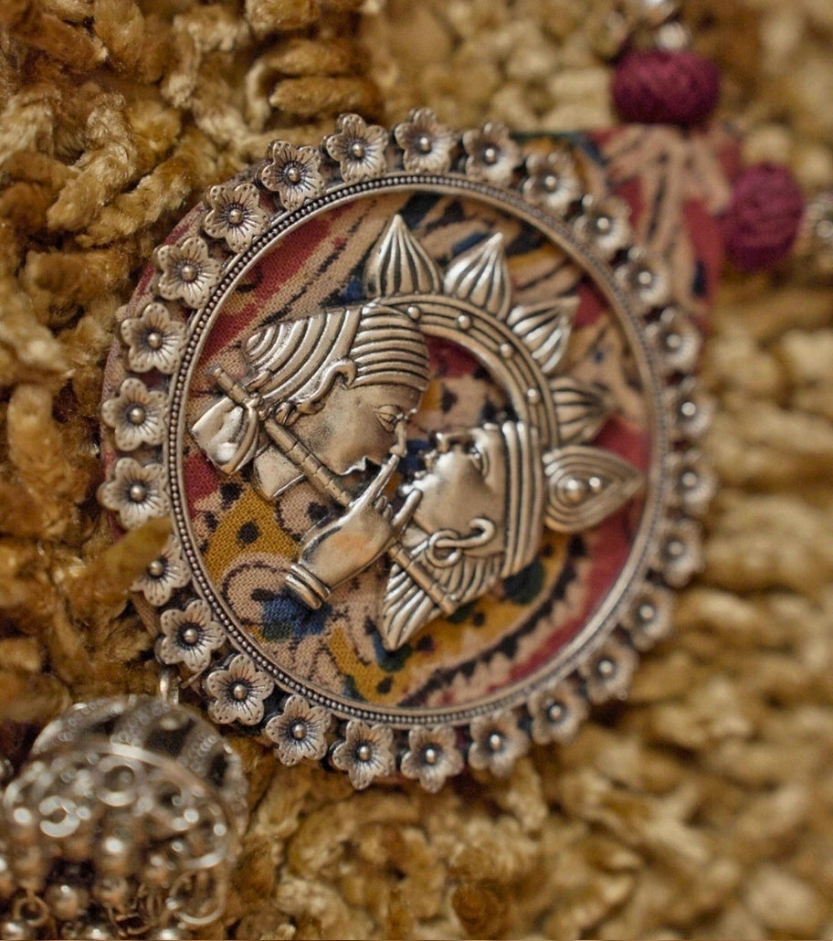 Radha-Krishna Cowrie Harmony Necklace Set - Oxidized Pendant with Fabric Beads, Cowrie Shells & Tribal Charms - Retail Maharaj