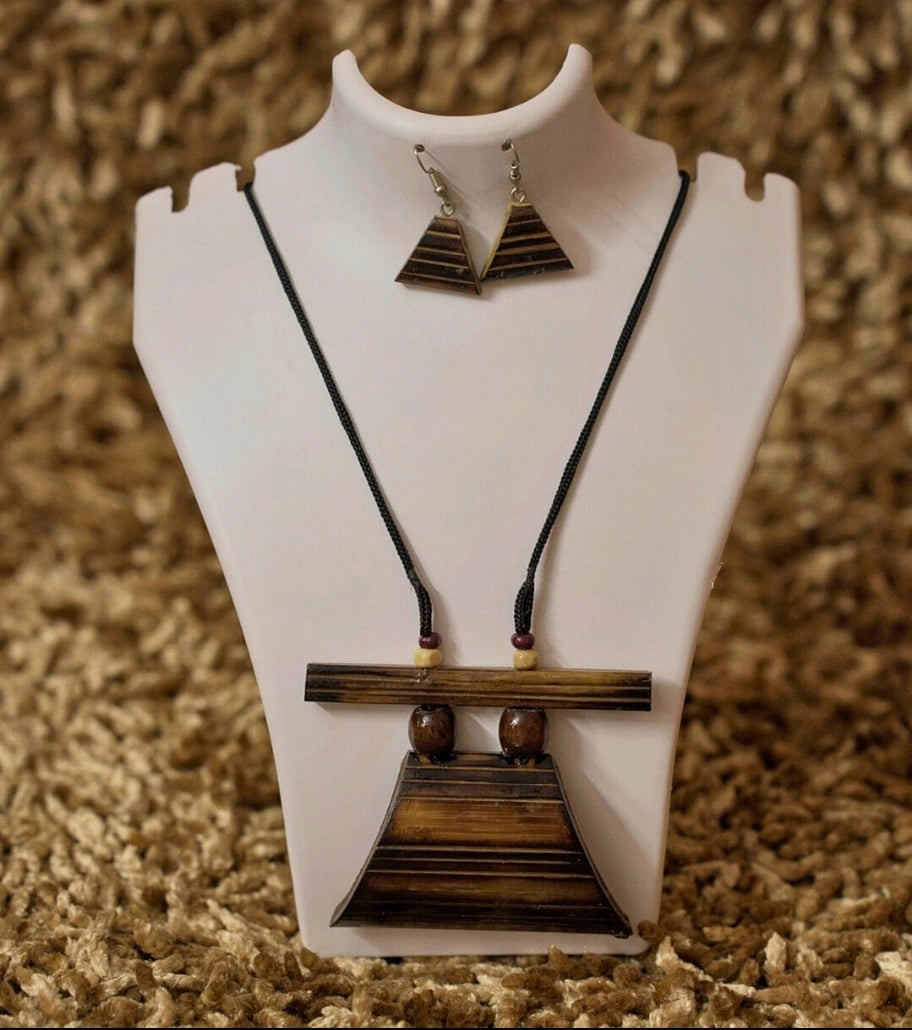 Tribal Terra Wooden Pendant Set – Handcrafted Boho Necklace & Earring Set - Retail Maharaj