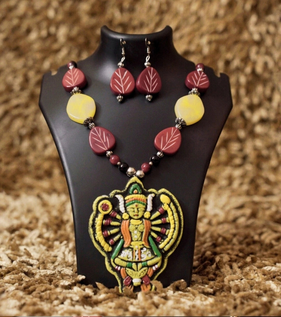 Nritya Devata Tribal Art Necklace Set - Hand-Painted Tribal Deity Locket with Red Leaf and Yellow Beads - Retail Maharaj