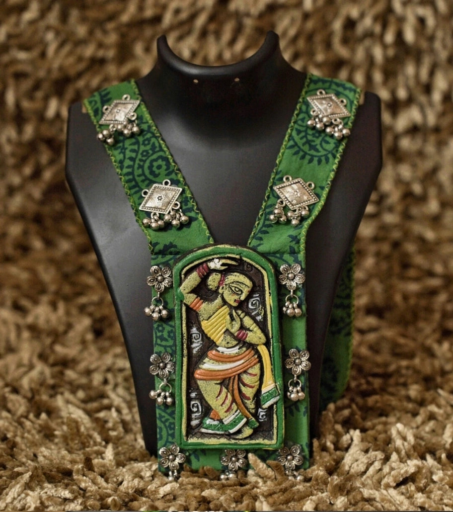 Nritya Kala Handpainted Green Fabric Necklace Set - Classical Indian Dancer Pendant with Oxidized Charms - Retail Maharaj