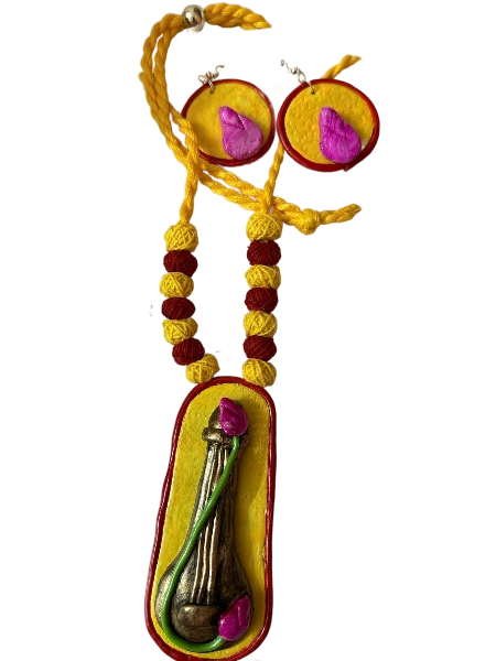 Lotus Echo – Handcrafted Thread Necklace Set with Metallic Lotus Locket and Matching Earrings - Retail Maharaj