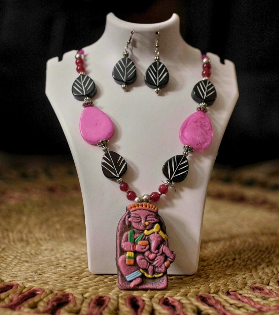 Forest Devi Clay Pendant Set – Hand-Painted Terracotta Goddess Necklace with Ceramic Beads and Leaf Motifs - Retail Maharaj