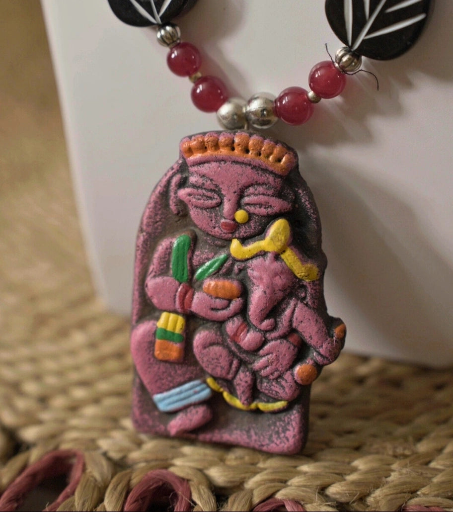 Forest Devi Clay Pendant Set – Hand-Painted Terracotta Goddess Necklace with Ceramic Beads and Leaf Motifs - Retail Maharaj