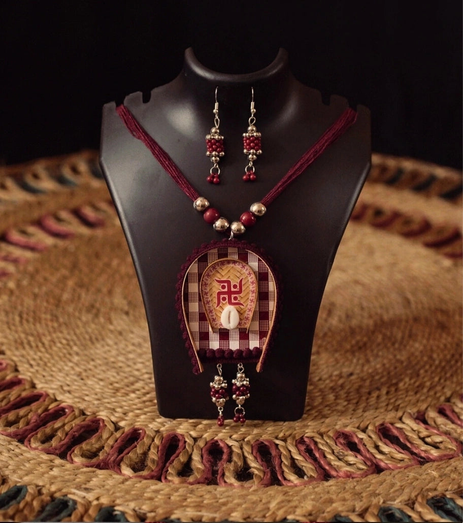 Swastik Shakti Traditional Necklace Set | Handcrafted Red Swastik & Cowrie Shell Necklace for Festivals - Retail Maharaj