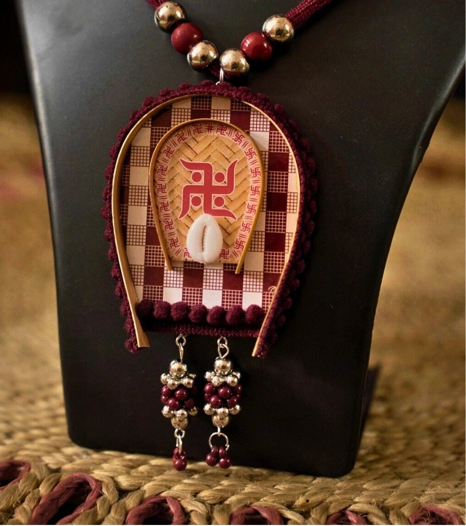 Swastik Shakti Traditional Necklace Set | Handcrafted Red Swastik & Cowrie Shell Necklace - Retail Maharaj