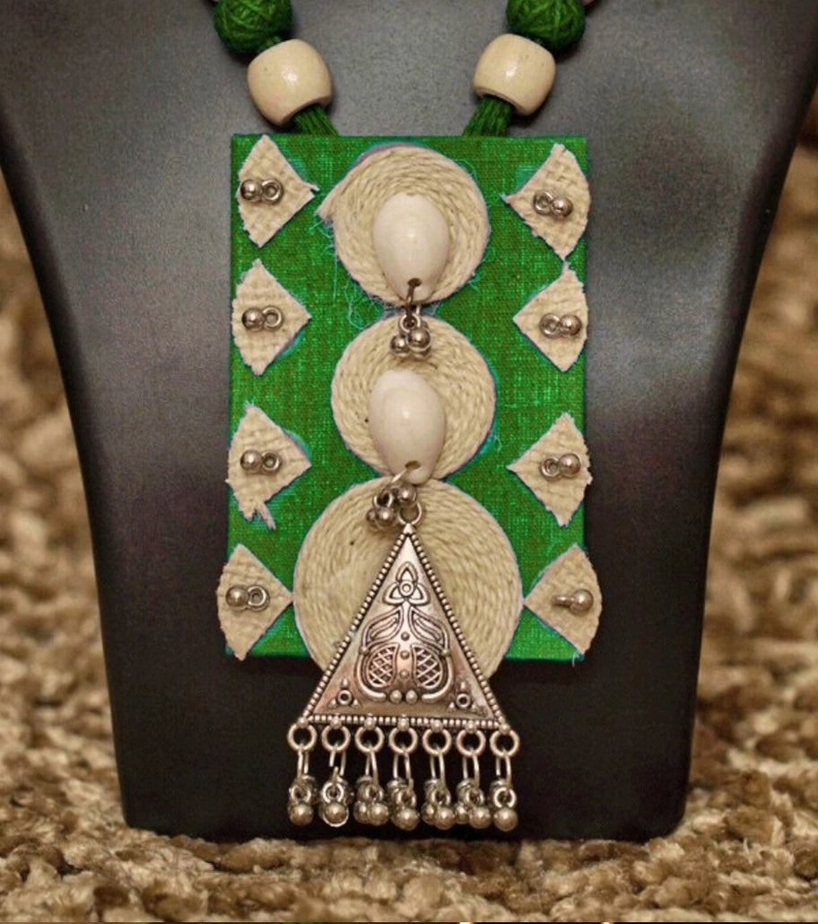 Tribal Essence Jute Cowrie Necklace Set | Handcrafted Eco-Friendly Necklace with Cowrie Shells & Oxidized Metal Pendant - Retail Maharaj