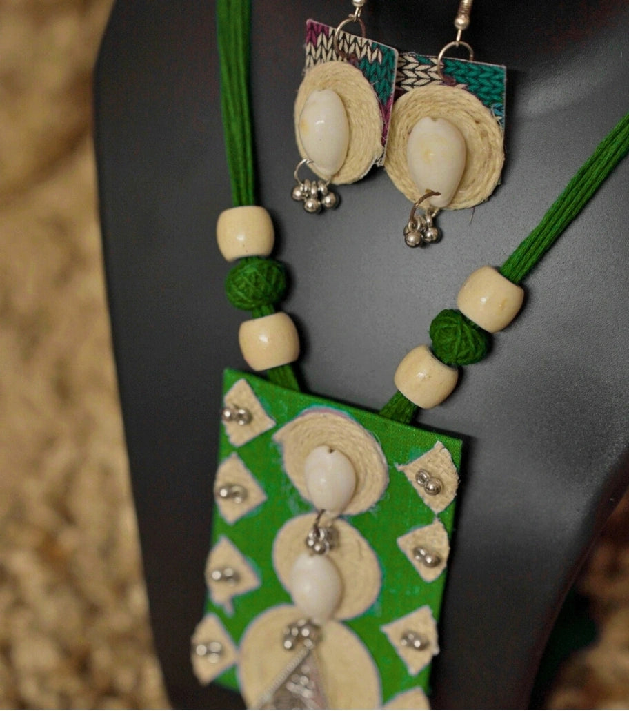 Tribal Essence Jute Cowrie Necklace Set | Handcrafted Eco-Friendly Necklace with Cowrie Shells & Oxidized Metal Pendant - Retail Maharaj
